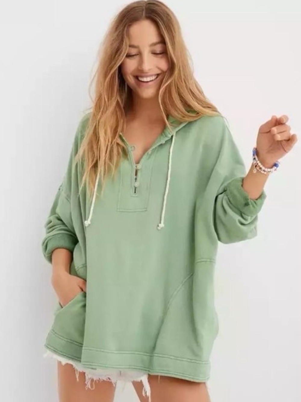aerie Oversized Half-Zip Hoodie -Green Size Medium